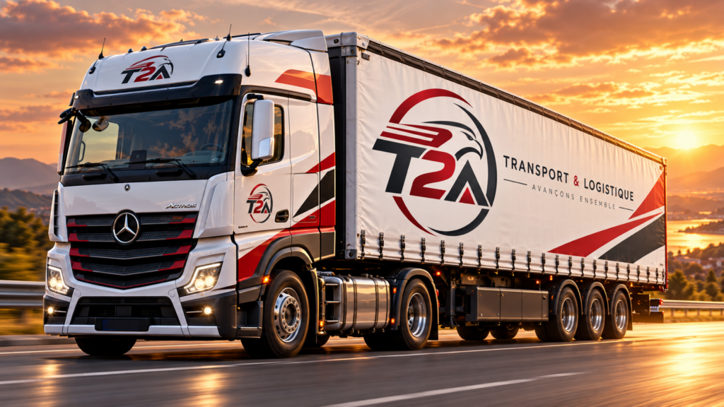 Camion MAN T2A et remorque porte-engin avec pelle mécanique, scène de nuit